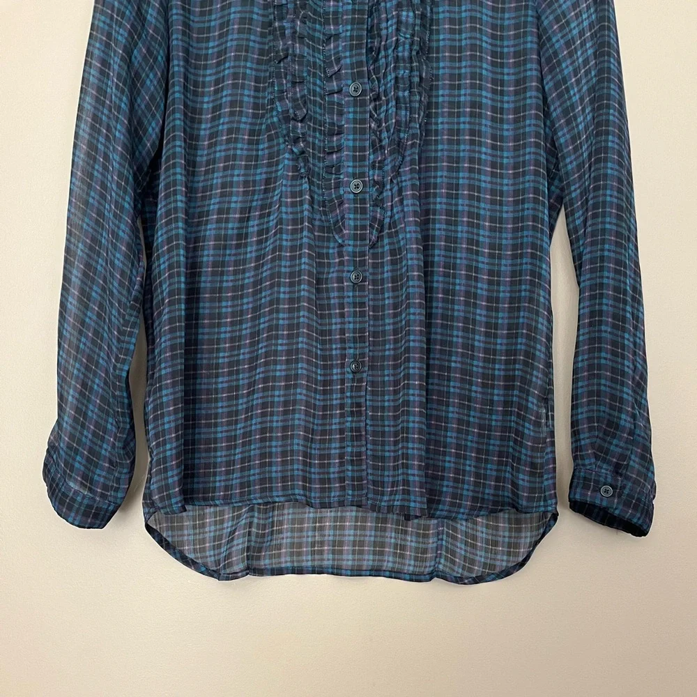 {American Eagle} Plaid Semi-Sheer Button Down Shirt with Ruffle Trim - Medium - Picture 3 of 9